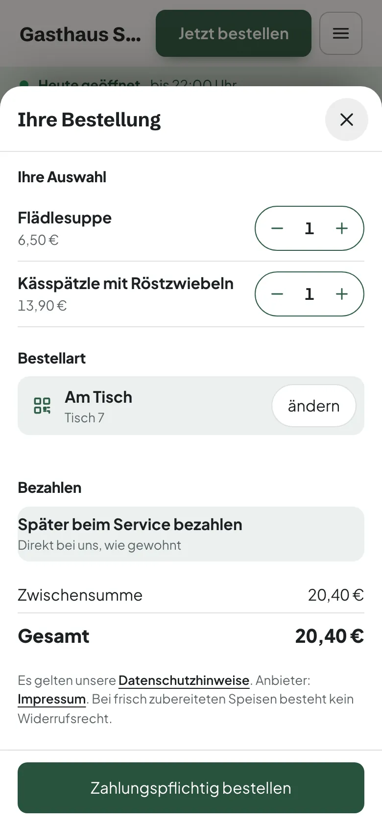 Kasse für Tisch 7 über 20,40 €