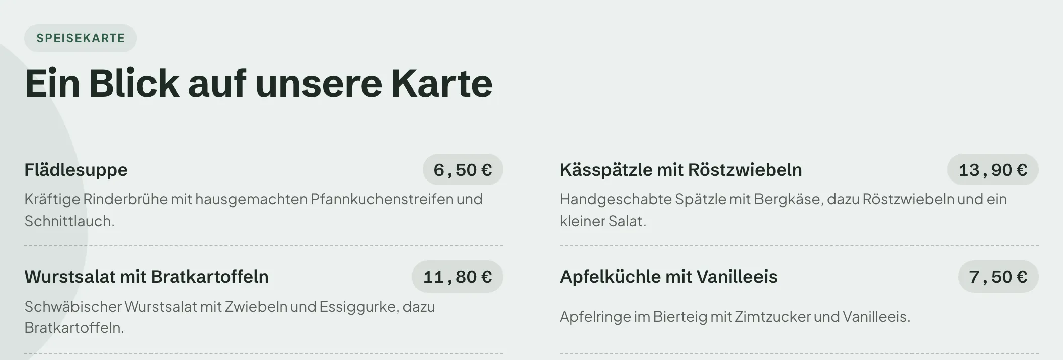 Speisekarte auf der Website des Gasthaus Sonnenhof im Stil Frisch, Kässpätzle zu 13,90 €