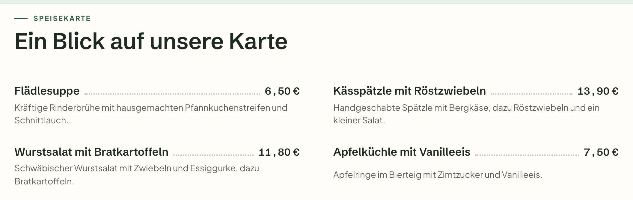 Speisekarte auf der Website des Gasthaus Sonnenhof im Stil Gasthaus, Kässpätzle zu 13,90 €
