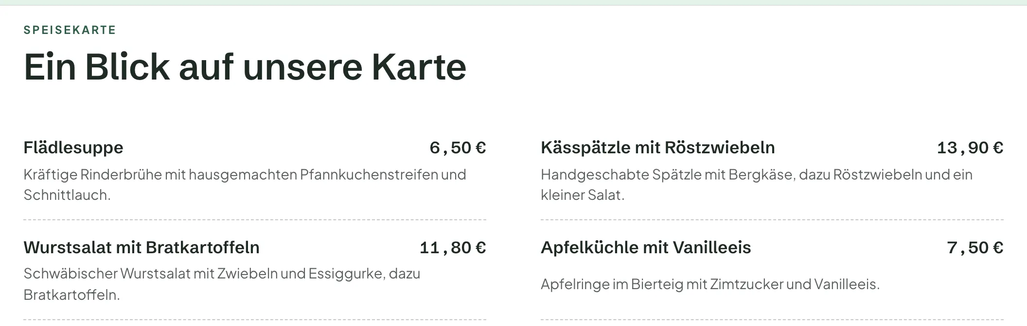 Speisekarte auf der Website des Gasthaus Sonnenhof im Stil Klassisch, Kässpätzle zu 13,90 €